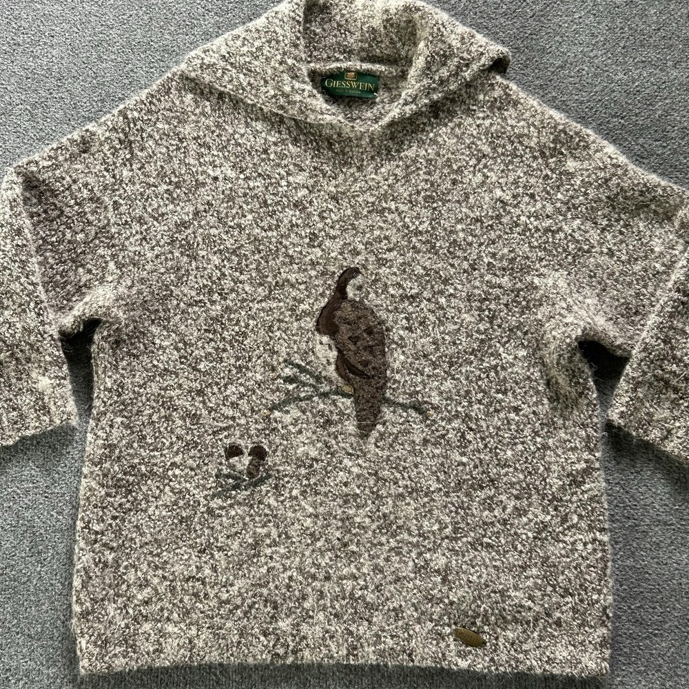 Giesswein Sweater Pullover Womens 8 Gray Wool Cowl Neck Bird Embroidered Vintage